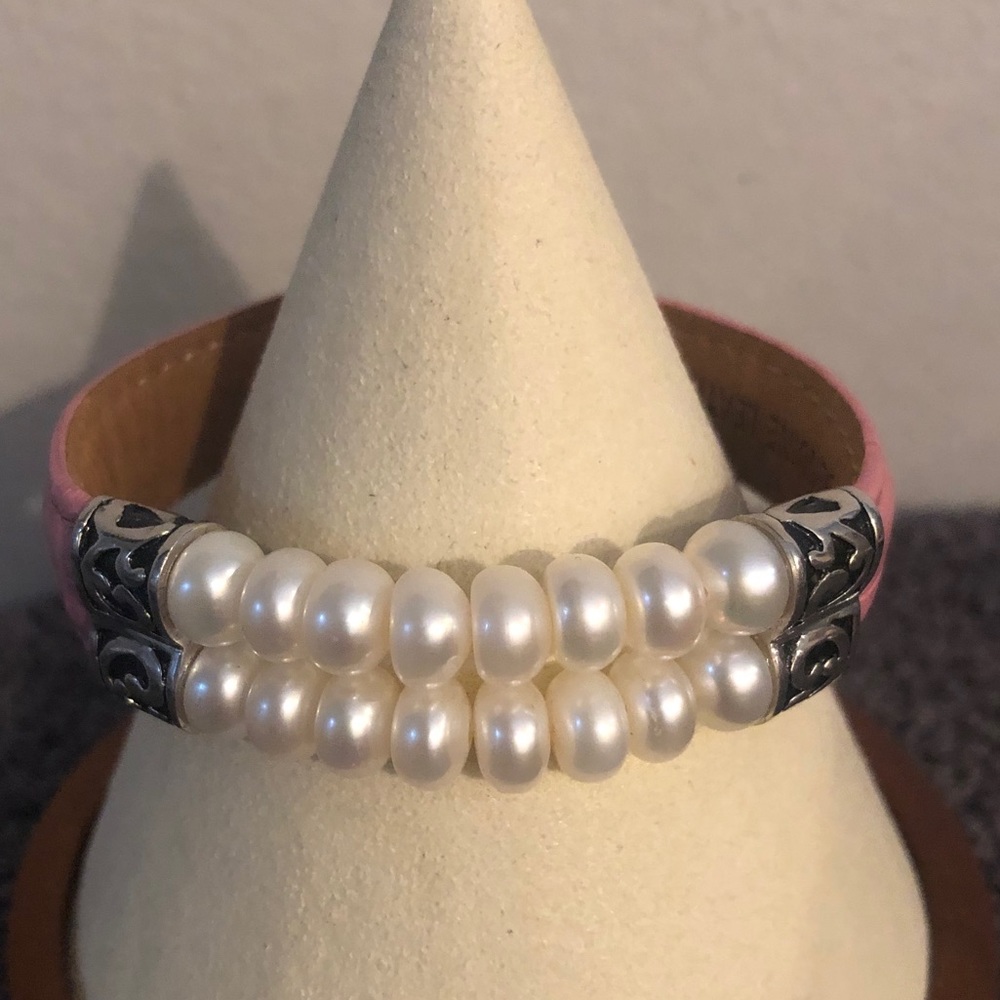 SOLD!! Honora PINK Leather & Double Row Pearl Bracelet - Picture 2 of 5